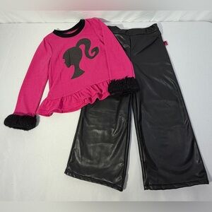 Barbie Girls 4T Pants Set Pink Ruffle Top Black Faux Leather Wide Leg Outfit
